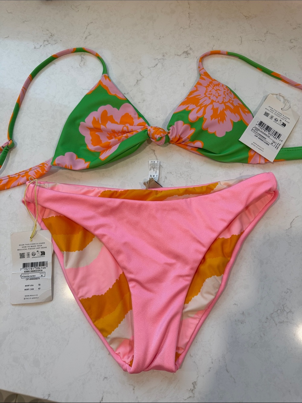 Maaji Floral Knot-Front Bikini Top & Pink Bikini Bottom Set